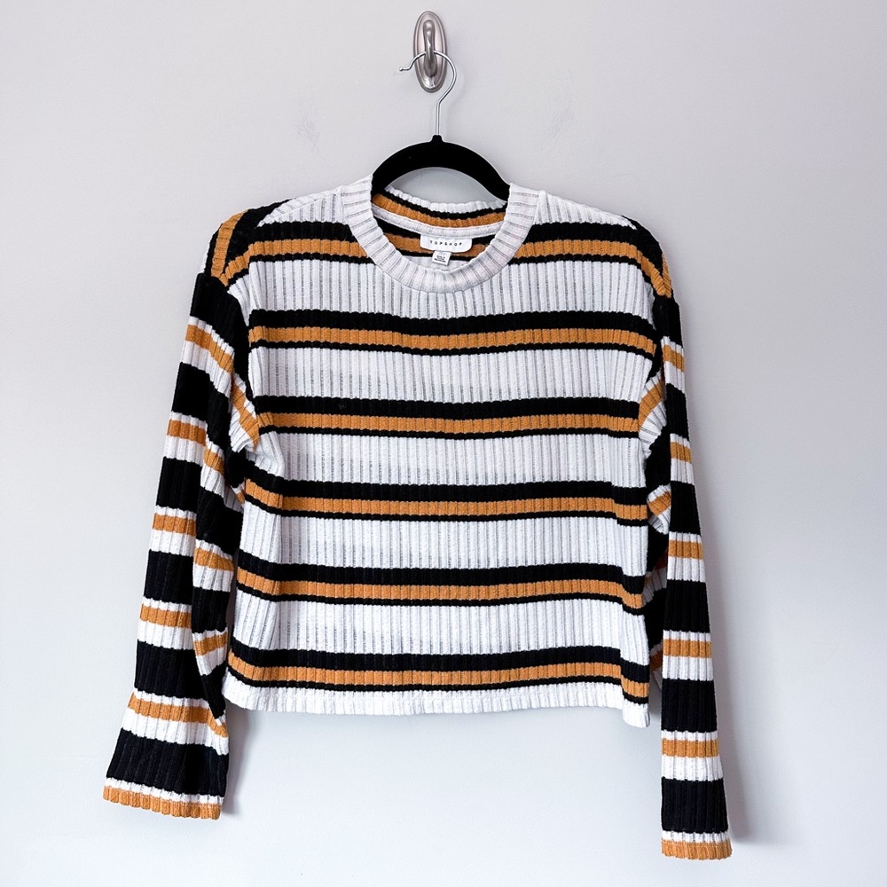 Topshop Black, White & Yellow Striped Crop Top with Mock Neck
